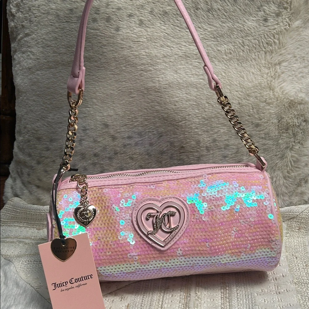 NWT JUICY Couture Pink Sequin Barrel Heart Shoulder Bag Gold look Chain Handle - Picture 2 of 14